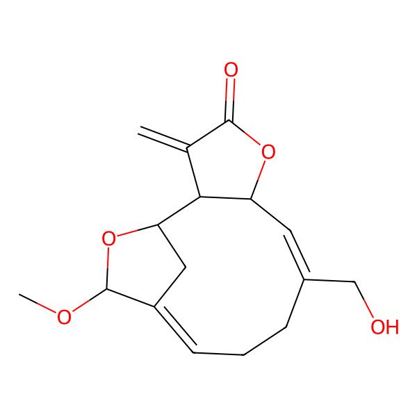 2D Structure of 8-(Hydroxymethyl)-13-methoxy-3-methylidene-5,14-dioxatricyclo[10.2.1.02,6]pentadeca-7,11-dien-4-one