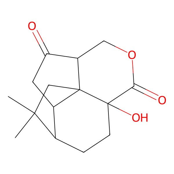 2D Structure of 6,8b-Ethano-8bH-cyclopenta(de)-2-benzopyran-1,4-dione, octahydro-10,10-dimethyl-, 8a-hydroxy-(3aS-(3a-alpha,5a-beta,6-alpha,8a-alpha,8b-alpha))-