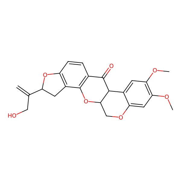 2D Structure of 1,2,12,12a-Tetrahydro-2-(1-(hydroxymethyl)ethenyl)-8,9-dimethoxy(1)benzopyrano(3,4-b)furo(2,3-h)(1)benzopyran-6(6aH)-one 2D Structure of 1,2,12,12a-Tetrahydro-2-(1-(hydroxymethyl)ethenyl)-8,9-dimethoxy(1)benzopyrano(3,4-b)furo(2,3-h)(1)benzopyran-6(6aH)-one