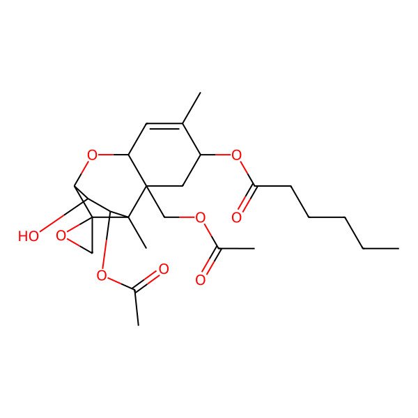 2D Structure of [(1S,2R,4S,7R,9R,10R,11S,12R)-11-acetyloxy-2-(acetyloxymethyl)-10-hydroxy-1,5-dimethylspiro[8-oxatricyclo[7.2.1.02,7]dodec-5-ene-12,2'-oxirane]-4-yl] hexanoate