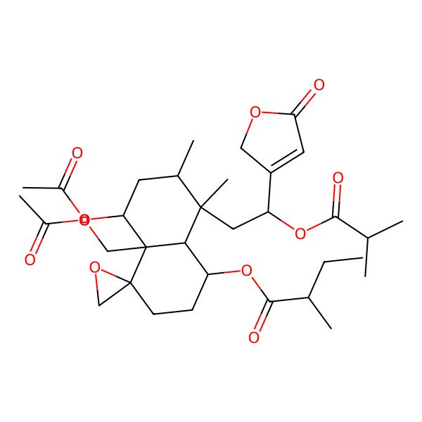 2D Structure of [(1R,4R,4aR,5S,7R,8S,8aR)-5-acetyloxy-4a-(acetyloxymethyl)-7,8-dimethyl-8-[(2S)-2-(2-methylpropanoyloxy)-2-(5-oxo-2H-furan-3-yl)ethyl]spiro[2,3,5,6,7,8a-hexahydro-1H-naphthalene-4,2'-oxirane]-1-yl] (2R)-2-methylbutanoate