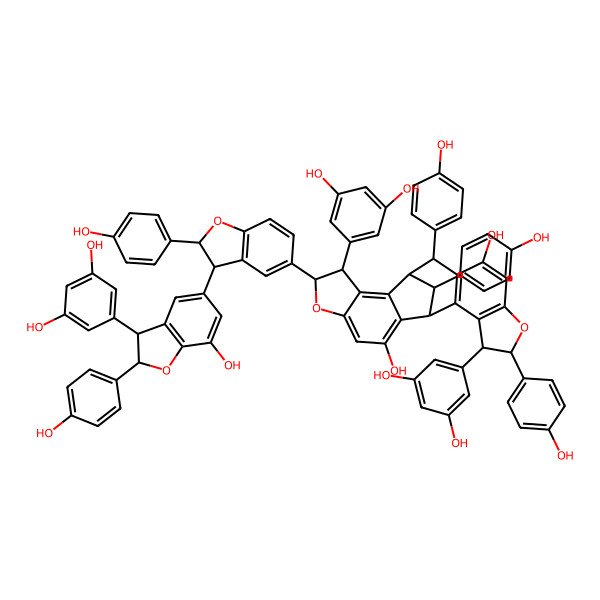 2D Structure of 4,15-Bis(3,5-dihydroxyphenyl)-16-[3-[3-(3,5-dihydroxyphenyl)-7-hydroxy-2-(4-hydroxyphenyl)-2,3-dihydro-1-benzofuran-5-yl]-2-(4-hydroxyphenyl)-2,3-dihydro-1-benzofuran-5-yl]-5,11,22-tris(4-hydroxyphenyl)-6,17-dioxahexacyclo[10.9.1.02,10.03,7.013,21.014,18]docosa-2(10),3(7),8,13(21),14(18),19-hexaene-9,20-diol