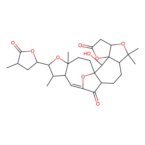 2D Structure of 2-Hydroxy-9,9,18,21-tetramethyl-19-(4-methyl-5-oxooxolan-2-yl)-4,8,20,24-tetraoxahexacyclo[13.8.1.01,13.03,7.03,10.017,21]tetracos-15-ene-5,14-dione