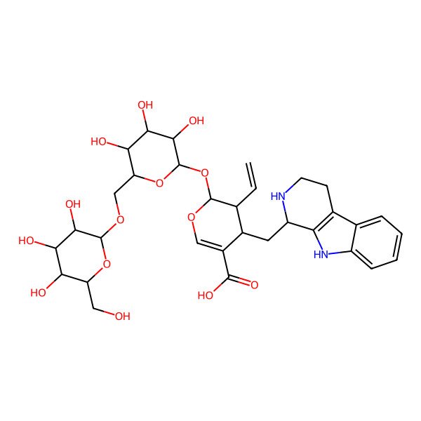 2D Structure of (2S,3R,4S)-3-Ethenyl-4-[[(1S)-2,3,4,9-tetrahydro-1H-pyrido[3,4-b]indol-1-yl]methyl]-2-[(2S,3R,4S,5S,6R)-3,4,5-trihydroxy-6-[[(2S,3R,4S,5S,6R)-3,4,5-trihydroxy-6-(hydroxymethyl)oxan-2-yl]oxymethyl]oxan-2-yl]oxy-3,4-dihydro-2H-pyran-5-carboxylic acid
