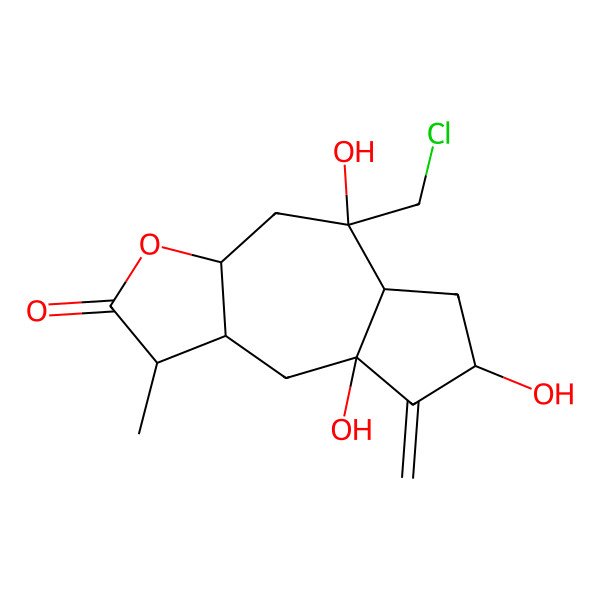 2D Structure of (3aS,5R,5aR,7S,8aS,9aR)-5-(chloromethyl)-5,7,8a-trihydroxy-1-methyl-8-methylidene-1,3a,4,5a,6,7,9,9a-octahydroazuleno[6,5-b]furan-2-one