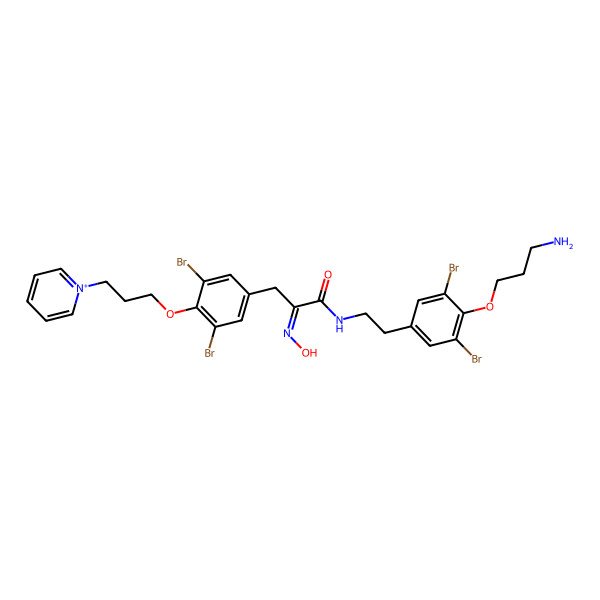 2D Structure of (2Z)-N-[2-[4-(3-aminopropoxy)-3,5-dibromophenyl]ethyl]-3-[3,5-dibromo-4-(3-pyridin-1-ium-1-ylpropoxy)phenyl]-2-hydroxyiminopropanamide