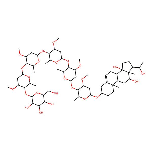 2D Structure of (2S,3R,4S,5S,6R)-2-[(2R,3S,4R,6S)-6-[(2R,3R,4S,6S)-6-[(2R,3R,4S,6S)-6-[(2R,3R,4R,6S)-6-[(2R,3R,4R,6R)-6-[[(3S,8R,9S,10R,12S,13S,14S,17R)-12,14-dihydroxy-17-[(1S)-1-hydroxyethyl]-10,13-dimethyl-1,2,3,4,7,8,9,11,12,15,16,17-dodecahydrocyclopenta[a]phenanthren-3-yl]oxy]-4-methoxy-2-methyloxan-3-yl]oxy-4-methoxy-2-methyloxan-3-yl]oxy-4-methoxy-2-methyloxan-3-yl]oxy-4-methoxy-2-methyloxan-3-yl]oxy-4-methoxy-2-methyloxan-3-yl]oxy-6-(hydroxymethyl)oxane-3,4,5-triol