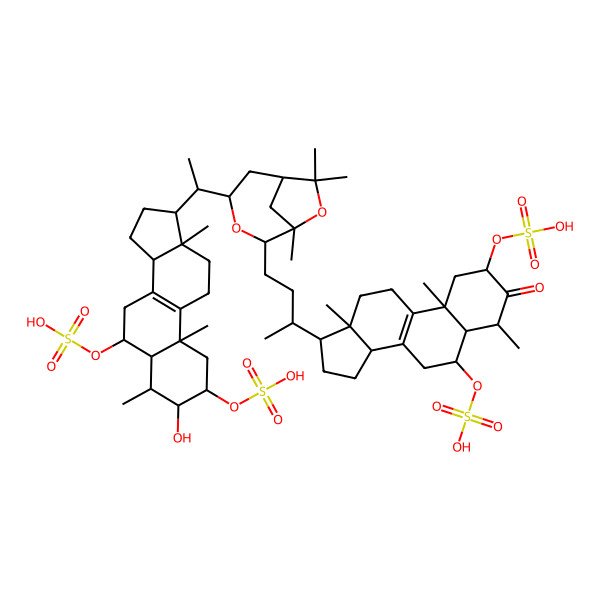 2D Structure of [(2R,4S,5S,6S,10S,13R,14R,17R)-17-[(2R)-4-[(1S,2S,4R,6S)-4-[(1S)-1-[(2S,3R,4R,5S,6S,10S,13R,14R,17R)-3-hydroxy-4,10,13-trimethyl-2,6-disulfooxy-2,3,4,5,6,7,11,12,14,15,16,17-dodecahydro-1H-cyclopenta[a]phenanthren-17-yl]ethyl]-1,7,7-trimethyl-3,8-dioxabicyclo[4.2.1]nonan-2-yl]butan-2-yl]-4,10,13-trimethyl-3-oxo-2-sulfooxy-1,2,4,5,6,7,11,12,14,15,16,17-dodecahydrocyclopenta[a]phenanthren-6-yl] hydrogen sulfate