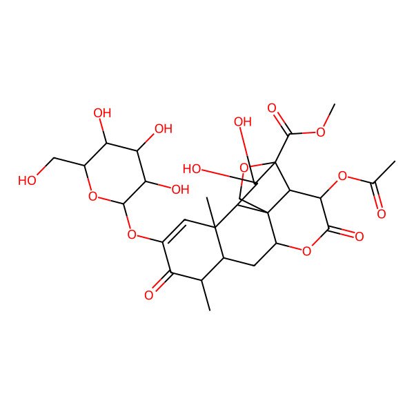 2D Structure of methyl (1R,2S,3R,6R,8S,13S,14R,15R,16S)-3-acetyloxy-15,16-dihydroxy-9,13-dimethyl-4,10-dioxo-11-[(2S,3R,4S,5S,6R)-3,4,5-trihydroxy-6-(hydroxymethyl)oxan-2-yl]oxy-5,18-dioxapentacyclo[12.5.0.01,6.02,17.08,13]nonadec-11-ene-17-carboxylate