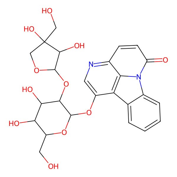 2D Structure of 8-[(2S,3R,4S,5S,6R)-3-[(2S,3R,4R)-3,4-dihydroxy-4-(hydroxymethyl)oxolan-2-yl]oxy-4,5-dihydroxy-6-(hydroxymethyl)oxan-2-yl]oxy-1,6-diazatetracyclo[7.6.1.05,16.010,15]hexadeca-3,5(16),6,8,10,12,14-heptaen-2-one