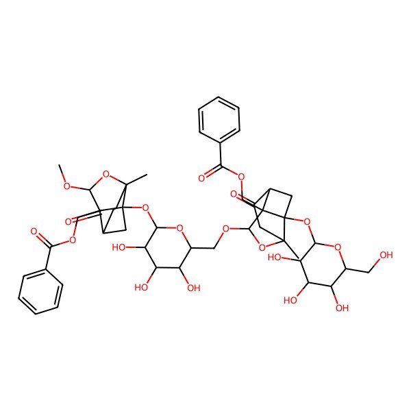 2D Structure of [(1R,3R,6R,8S,9S)-1-[(2S,3R,4S,5R,6R)-6-[[(1S,6R,8S,9R)-9-(benzoyloxymethyl)-6-methyl-4-oxo-1-[(2S,3R,4S,5R,6R)-3,4,5-trihydroxy-6-(hydroxymethyl)oxan-2-yl]oxy-7-oxatricyclo[4.3.0.03,9]nonan-8-yl]oxymethyl]-3,4,5-trihydroxyoxan-2-yl]oxy-8-methoxy-6-methyl-4-oxo-7-oxatricyclo[4.3.0.03,9]nonan-9-yl]methyl benzoate