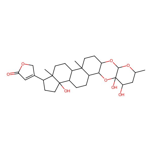 2D Structure of 3-(4,5,22-trihydroxy-7,14,18-trimethyl-3,8,10-trioxahexacyclo[12.11.0.02,11.04,9.015,23.018,22]pentacosan-19-yl)-2H-furan-5-one