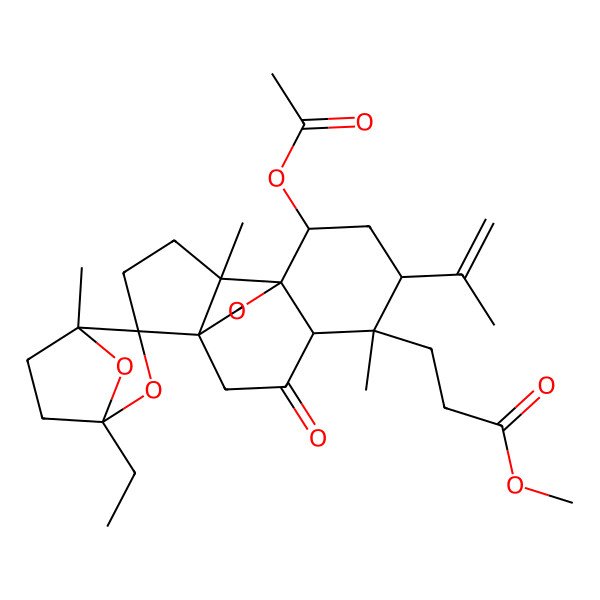 2D Structure of Methyl 3-(8-acetyloxy-1'-ethyl-4',5,10-trimethyl-3-oxo-6-prop-1-en-2-ylspiro[15-oxatetracyclo[7.4.2.01,10.04,9]pentadecane-13,3'-2,7-dioxabicyclo[2.2.1]heptane]-5-yl)propanoate