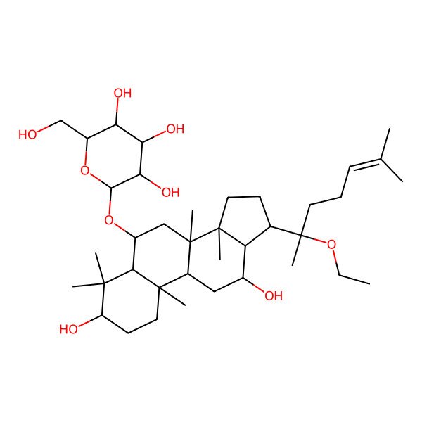 2D Structure of (2R,3R,4S,5S,6R)-2-[[(3S,5R,6S,8R,9R,10R,12R,13R,14R,17S)-17-[(2S)-2-ethoxy-6-methylhept-5-en-2-yl]-3,12-dihydroxy-4,4,8,10,14-pentamethyl-2,3,5,6,7,9,11,12,13,15,16,17-dodecahydro-1H-cyclopenta[a]phenanthren-6-yl]oxy]-6-(hydroxymethyl)oxane-3,4,5-triol