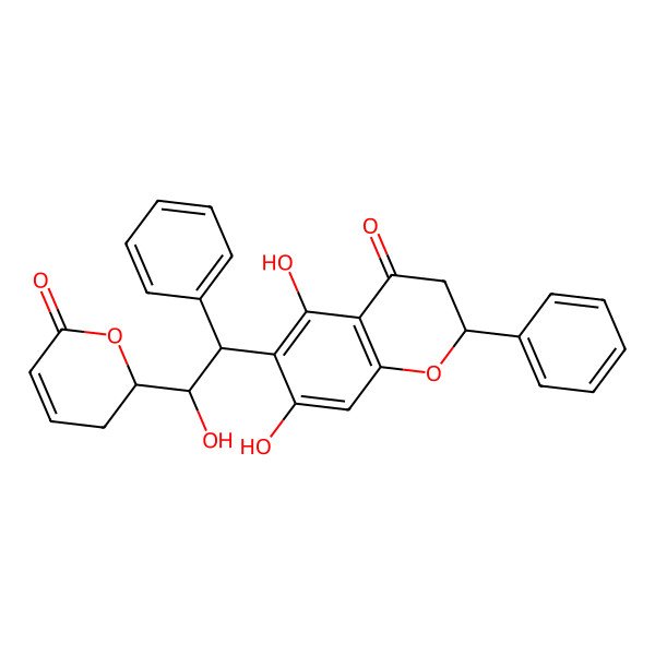 2D Structure of 5,7-Dihydroxy-6-[2-hydroxy-2-(6-oxo-2,3-dihydropyran-2-yl)-1-phenylethyl]-2-phenyl-2,3-dihydrochromen-4-one