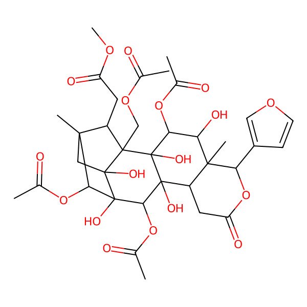 2D Structure of Methyl 2-[3,12,14-triacetyloxy-1-(acetyloxymethyl)-6-(furan-3-yl)-2,4,11,13,17-pentahydroxy-5,15-dimethyl-8-oxo-7-oxapentacyclo[13.2.1.02,11.05,10.013,17]octadecan-18-yl]acetate
