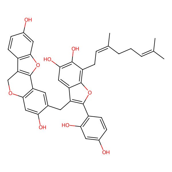 2D Structure of 2-[[2-(2,4-dihydroxyphenyl)-7-[(2E)-3,7-dimethylocta-2,6-dienyl]-5,6-dihydroxy-1-benzofuran-3-yl]methyl]-6H-[1]benzofuro[3,2-c]chromene-3,9-diol