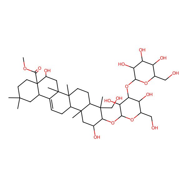 2D Structure of Methyl 10-[3,5-dihydroxy-6-(hydroxymethyl)-4-[3,4,5-trihydroxy-6-(hydroxymethyl)oxan-2-yl]oxyoxan-2-yl]oxy-5,11-dihydroxy-9-(hydroxymethyl)-2,2,6a,6b,9,12a-hexamethyl-1,3,4,5,6,6a,7,8,8a,10,11,12,13,14b-tetradecahydropicene-4a-carboxylate