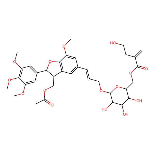 2D Structure of [(2S,3S,4S,5S,6S)-6-[(E)-3-[(2S,3S)-3-(acetyloxymethyl)-7-methoxy-2-(3,4,5-trimethoxyphenyl)-2,3-dihydro-1-benzofuran-5-yl]prop-2-enoxy]-3,4,5-trihydroxyoxan-2-yl]methyl 4-hydroxy-2-methylidenebutanoate