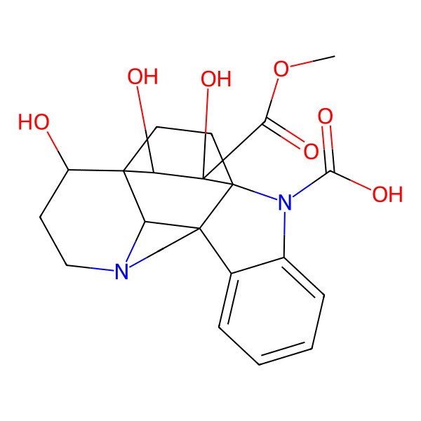 2D Structure of 15,17,18-Trihydroxy-18-methoxycarbonyl-2,12-diazahexacyclo[14.2.2.19,12.01,9.03,8.016,21]henicosa-3,5,7-triene-2-carboxylic acid