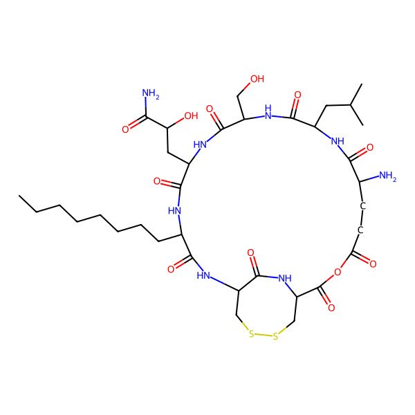 2D Structure of 3-[16-Amino-10-(hydroxymethyl)-13-(2-methylpropyl)-4-octyl-3,6,9,12,15,19,21,27-octaoxo-20-oxa-24,25-dithia-2,5,8,11,14,28-hexazabicyclo[20.4.2]octacosan-7-yl]-2-hydroxypropanamide