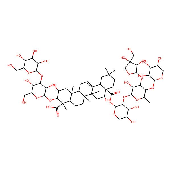 2D Structure of 8a-[3-[4-[3,4-Dihydroxy-4-(hydroxymethyl)oxolan-2-yl]oxy-3-hydroxy-6-methyl-5-(3,4,5-trihydroxyoxan-2-yl)oxyoxan-2-yl]oxy-4,5-dihydroxyoxan-2-yl]oxycarbonyl-3-[3,5-dihydroxy-6-(hydroxymethyl)-4-[3,4,5-trihydroxy-6-(hydroxymethyl)oxan-2-yl]oxyoxan-2-yl]oxy-2,8-dihydroxy-4,6a,6b,11,11,14b-hexamethyl-1,2,3,4a,5,6,7,8,9,10,12,12a,14,14a-tetradecahydropicene-4-carboxylic acid