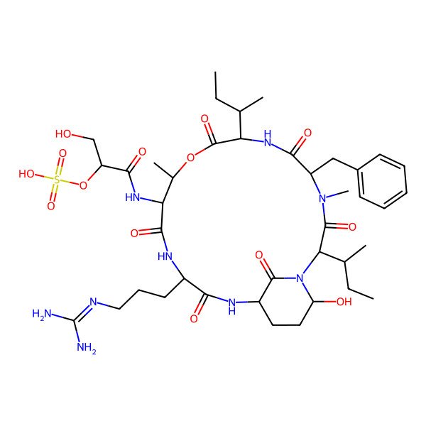 2D Structure of [1-[[5-Benzyl-2,8-di(butan-2-yl)-15-[3-(diaminomethylideneamino)propyl]-21-hydroxy-4,11-dimethyl-3,6,9,13,16,22-hexaoxo-10-oxa-1,4,7,14,17-pentazabicyclo[16.3.1]docosan-12-yl]amino]-3-hydroxy-1-oxopropan-2-yl] hydrogen sulfate