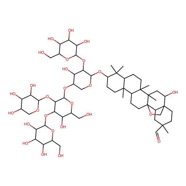 2D Structure of (1S,2R,4S,5R,8R,10S,13R,14R,17S,18R,20S)-2-hydroxy-10-[(2R,3R,4S,5S)-4-hydroxy-5-[(2S,3R,4S,5R,6R)-5-hydroxy-6-(hydroxymethyl)-4-[(2S,3R,4S,5S,6R)-3,4,5-trihydroxy-6-(hydroxymethyl)oxan-2-yl]oxy-3-[(2S,3R,4S,5R)-3,4,5-trihydroxyoxan-2-yl]oxyoxan-2-yl]oxy-3-[(2S,3R,4S,5S,6R)-3,4,5-trihydroxy-6-(hydroxymethyl)oxan-2-yl]oxyoxan-2-yl]oxy-4,5,9,9,13,20-hexamethyl-24-oxahexacyclo[15.5.2.01,18.04,17.05,14.08,13]tetracosane-20-carbaldehyde