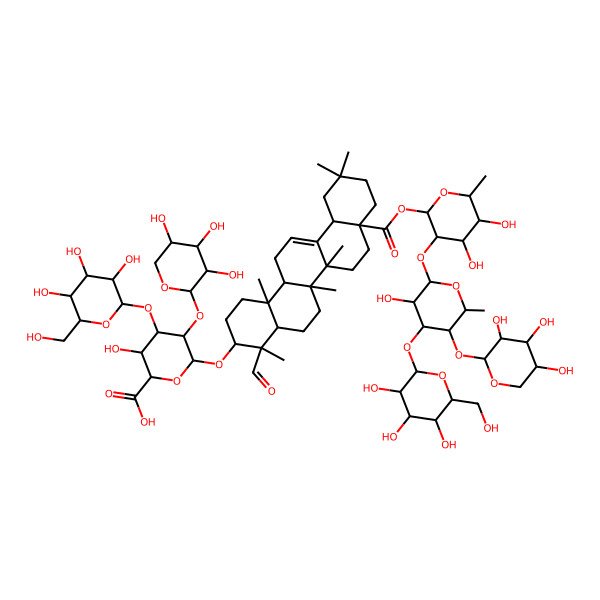 2D Structure of (2S,3S,4S,5R,6R)-6-[[(3S,4S,4aR,6aR,6bS,8aS,12aS,14aR,14bR)-8a-[(2S,3R,4S,5R,6R)-4,5-dihydroxy-3-[(2S,3R,4S,5S,6S)-3-hydroxy-6-methyl-4-[(2S,3R,4S,5S,6R)-3,4,5-trihydroxy-6-(hydroxymethyl)oxan-2-yl]oxy-5-[(2S,3R,4S,5R)-3,4,5-trihydroxyoxan-2-yl]oxyoxan-2-yl]oxy-6-methyloxan-2-yl]oxycarbonyl-4-formyl-4,6a,6b,11,11,14b-hexamethyl-1,2,3,4a,5,6,7,8,9,10,12,12a,14,14a-tetradecahydropicen-3-yl]oxy]-3-hydroxy-4-[(2S,3R,4S,5R,6R)-3,4,5-trihydroxy-6-(hydroxymethyl)oxan-2-yl]oxy-5-[(2S,3R,4S,5S)-3,4,5-trihydroxyoxan-2-yl]oxyoxane-2-carboxylic acid