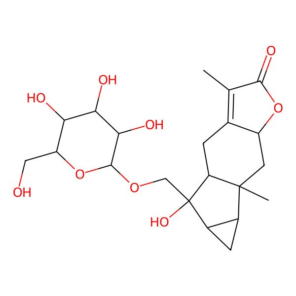 2D Structure of 13-Hydroxy-4,9-dimethyl-13-[[3,4,5-trihydroxy-6-(hydroxymethyl)oxan-2-yl]oxymethyl]-6-oxatetracyclo[7.4.0.03,7.010,12]tridec-3-en-5-one