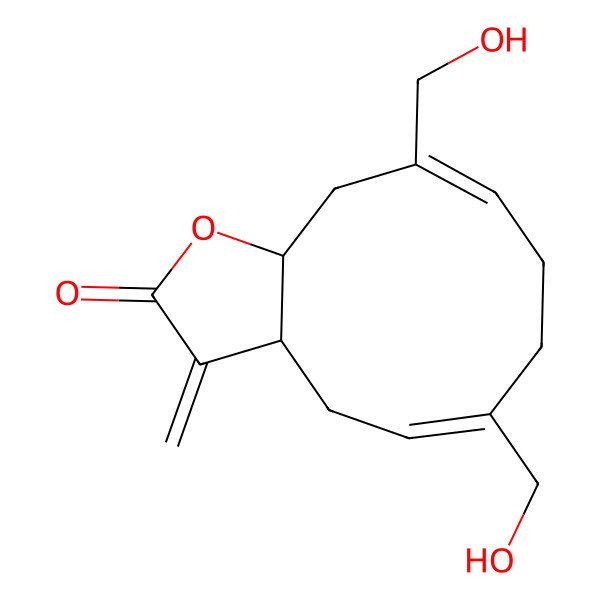 2D Structure of (3aR,5Z,9Z,11aS)-6,10-bis(hydroxymethyl)-3-methylidene-3a,4,7,8,11,11a-hexahydrocyclodeca[b]furan-2-one