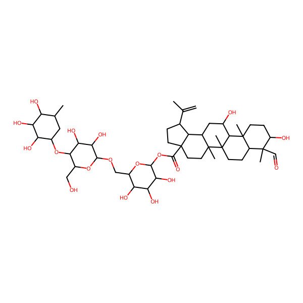 2D Structure of [(2S,3R,4S,5S,6R)-6-[[(2R,3R,4R,5S,6R)-3,4-dihydroxy-6-(hydroxymethyl)-5-[(1R,2R,3R,4S,5R)-2,3,4-trihydroxy-5-methylcyclohexyl]oxyoxan-2-yl]oxymethyl]-3,4,5-trihydroxyoxan-2-yl] (1R,3aS,5aR,5bR,7aR,8S,9R,11aS,11bR,12R,13aR,13bR)-8-formyl-9,12-dihydroxy-5a,5b,8,11a-tetramethyl-1-prop-1-en-2-yl-1,2,3,4,5,6,7,7a,9,10,11,11b,12,13,13a,13b-hexadecahydrocyclopenta[a]chrysene-3a-carboxylate