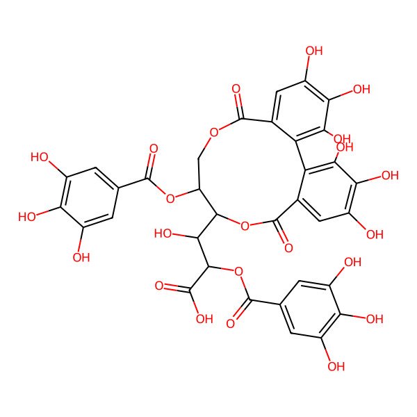 2D Structure of 3-[3,4,5,17,18,19-Hexahydroxy-8,14-dioxo-11-(3,4,5-trihydroxybenzoyl)oxy-9,13-dioxatricyclo[13.4.0.02,7]nonadeca-1(19),2,4,6,15,17-hexaen-10-yl]-3-hydroxy-2-(3,4,5-trihydroxybenzoyl)oxypropanoic acid