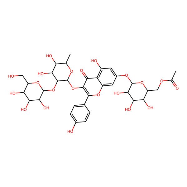 2D Structure of [(2R,3S,4S,5R,6S)-6-[3-[(2S,3R,4R,5R,6S)-4,5-dihydroxy-6-methyl-3-[(2S,3R,4S,5S,6R)-3,4,5-trihydroxy-6-(hydroxymethyl)oxan-2-yl]oxyoxan-2-yl]oxy-5-hydroxy-2-(4-hydroxyphenyl)-4-oxochromen-7-yl]oxy-3,4,5-trihydroxyoxan-2-yl]methyl acetate