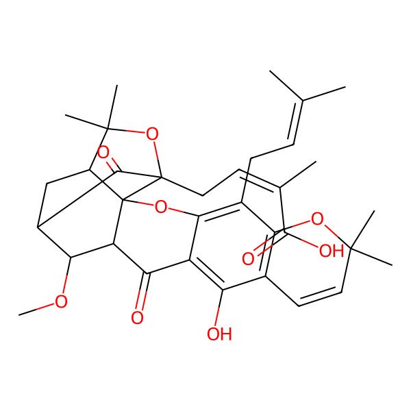 2D Structure of 4-[12-Hydroxy-16-methoxy-8,8,21,21-tetramethyl-5-(3-methylbut-2-enyl)-14,18-dioxo-3,7,20-trioxahexacyclo[15.4.1.02,15.02,19.04,13.06,11]docosa-4(13),5,9,11-tetraen-19-yl]-2-methylbut-2-enoic acid