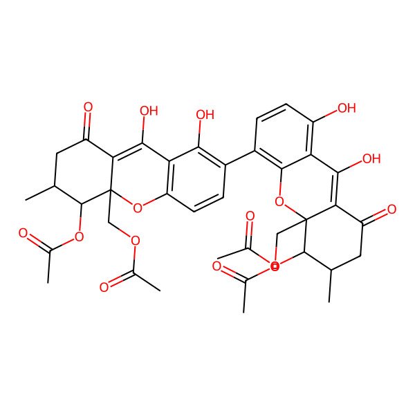 2D Structure of [4-acetyloxy-7-[5-acetyloxy-10a-(acetyloxymethyl)-1,9-dihydroxy-6-methyl-8-oxo-6,7-dihydro-5H-xanthen-4-yl]-8,9-dihydroxy-3-methyl-1-oxo-3,4-dihydro-2H-xanthen-4a-yl]methyl acetate