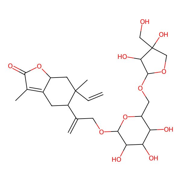 2D Structure of (5R,6S,7aS)-5-[3-[(2R,3R,4S,5R,6R)-6-[[(2R,3R,4R)-3,4-dihydroxy-4-(hydroxymethyl)oxolan-2-yl]oxymethyl]-3,4,5-trihydroxyoxan-2-yl]oxyprop-1-en-2-yl]-6-ethenyl-3,6-dimethyl-4,5,7,7a-tetrahydro-1-benzofuran-2-one
