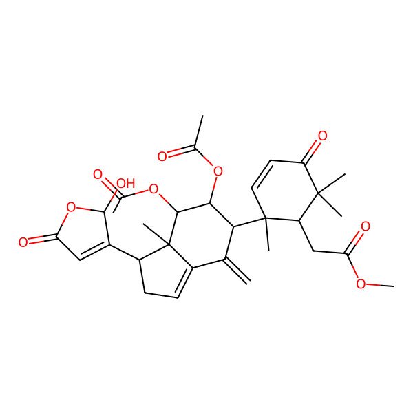 2D Structure of methyl 2-[(1R,2S)-2-[(1S,5R,6R,7R,7aS)-6,7-diacetyloxy-1-(2-hydroxy-5-oxo-2H-furan-3-yl)-7a-methyl-4-methylidene-2,5,6,7-tetrahydro-1H-inden-5-yl]-2,6,6-trimethyl-5-oxocyclohex-3-en-1-yl]acetate