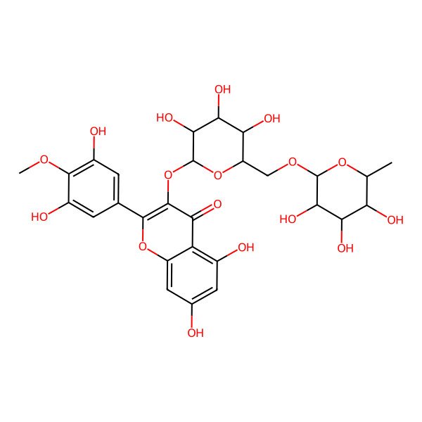 2D Structure of 2-(3,5-dihydroxy-4-methoxyphenyl)-5,7-dihydroxy-3-[(2S,3R,4S,5S,6R)-3,4,5-trihydroxy-6-[[(2R,3R,4R,5R,6S)-3,4,5-trihydroxy-6-methyloxan-2-yl]oxymethyl]oxan-2-yl]oxychromen-4-one