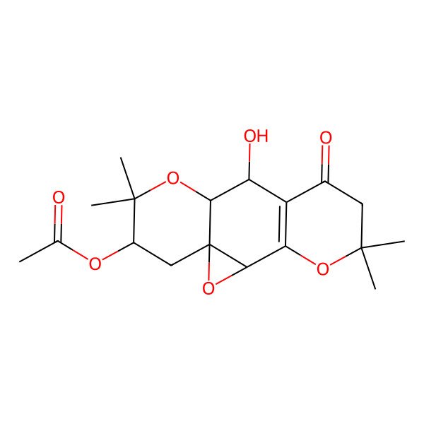 2D Structure of (10-Hydroxy-6,6,13,13-tetramethyl-8-oxo-2,5,12-trioxatetracyclo[9.4.0.01,3.04,9]pentadec-4(9)-en-14-yl) acetate
