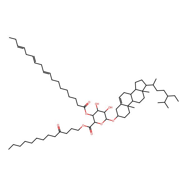 2D Structure of 4-oxotridecyl 6-[[17-(5-ethyl-6-methylheptan-2-yl)-10,13-dimethyl-2,3,4,7,8,9,11,12,14,15,16,17-dodecahydro-1H-cyclopenta[a]phenanthren-3-yl]oxy]-4,5-dihydroxy-3-octadeca-9,12,15-trienoyloxyoxane-2-carboxylate