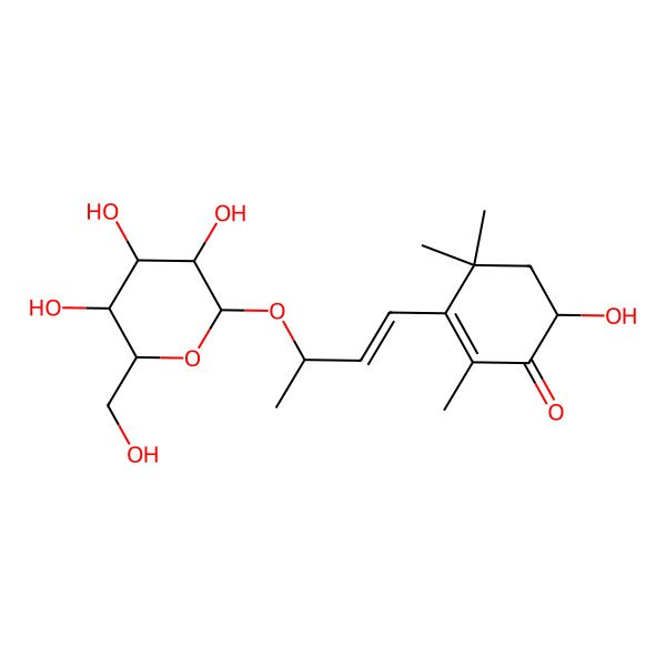 2D Structure of 6-Hydroxy-2,4,4-trimethyl-3-[3-[3,4,5-trihydroxy-6-(hydroxymethyl)oxan-2-yl]oxybut-1-enyl]cyclohex-2-en-1-one
