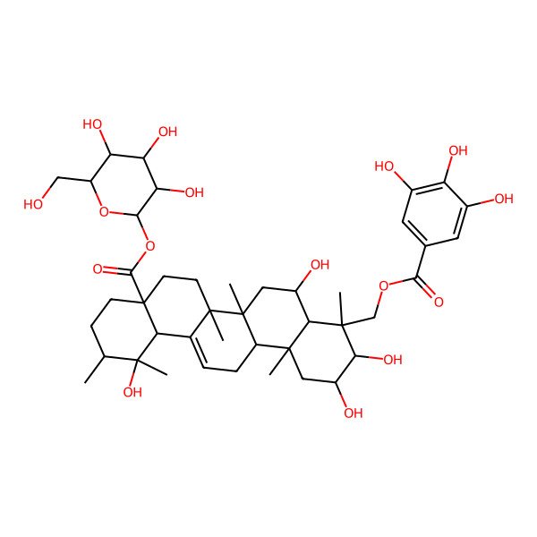 2D Structure of [(2S,3R,4S,5S,6R)-3,4,5-trihydroxy-6-(hydroxymethyl)oxan-2-yl] (1R,2R,4aS,6aR,6aS,6bR,8R,8aR,9R,10R,11R,12aR,14bS)-1,8,10,11-tetrahydroxy-1,2,6a,6b,9,12a-hexamethyl-9-[(3,4,5-trihydroxybenzoyl)oxymethyl]-2,3,4,5,6,6a,7,8,8a,10,11,12,13,14b-tetradecahydropicene-4a-carboxylate