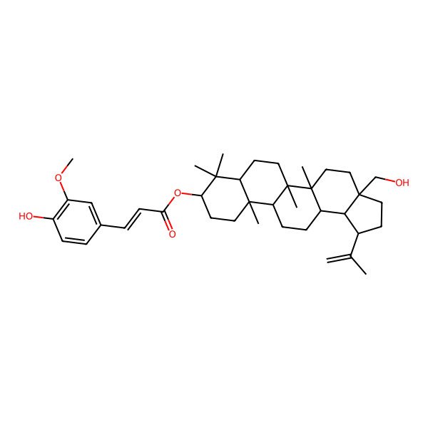 2D Structure of [(1R,3aS,5aR,5bR,7aR,9S,11aR,11bR,13aR,13bS)-3a-(hydroxymethyl)-5a,5b,8,8,11a-pentamethyl-1-prop-1-en-2-yl-1,2,3,4,5,6,7,7a,9,10,11,11b,12,13,13a,13b-hexadecahydrocyclopenta[a]chrysen-9-yl] (E)-3-(4-hydroxy-3-methoxyphenyl)prop-2-enoate