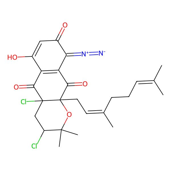 2D Structure of (3R,4aR,10aS)-3,4a-dichloro-9-diazo-10a-[(2E)-3,7-dimethylocta-2,6-dienyl]-6-hydroxy-2,2-dimethyl-3,4-dihydrobenzo[g]chromene-5,8,10-trione