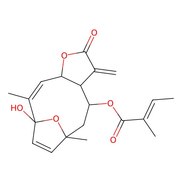 2D Structure of (1-Hydroxy-2,11-dimethyl-7-methylidene-6-oxo-5,14-dioxatricyclo[9.2.1.04,8]tetradeca-2,12-dien-9-yl) 2-methylbut-2-enoate