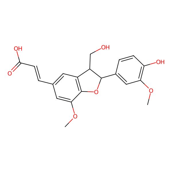 2D Structure of (2E)-3-[2-(4-hydroxy-3-methoxyphenyl)-3-(hydroxymethyl)-7-methoxy-2,3-dihydro-1-benzofuran-5-yl]prop-2-enoic acid