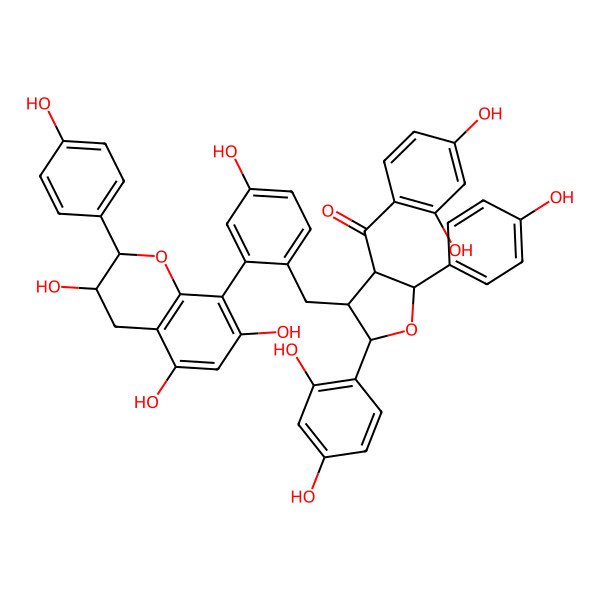 2D Structure of (2,4-dihydroxyphenyl)-[(2R,4R,5S)-5-(2,4-dihydroxyphenyl)-2-(4-hydroxyphenyl)-4-[[4-hydroxy-2-[(2R,3S)-3,5,7-trihydroxy-2-(4-hydroxyphenyl)-3,4-dihydro-2H-chromen-8-yl]phenyl]methyl]oxolan-3-yl]methanone