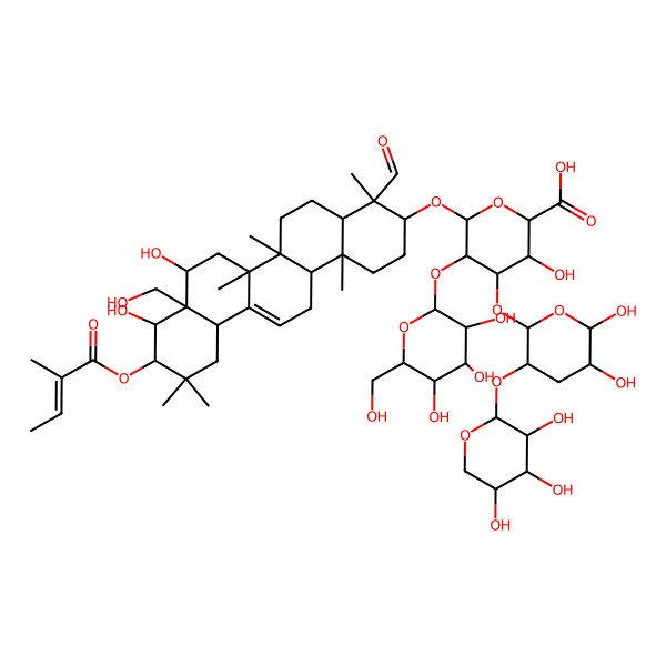 2D Structure of (2S,3S,4S,5R,6R)-6-[[(3S,4S,4aR,6aR,6bS,8R,8aR,9R,10R,12aS,14aR,14bR)-4-formyl-8,9-dihydroxy-8a-(hydroxymethyl)-4,6a,6b,11,11,14b-hexamethyl-10-[(Z)-2-methylbut-2-enoyl]oxy-1,2,3,4a,5,6,7,8,9,10,12,12a,14,14a-tetradecahydropicen-3-yl]oxy]-4-[(2R,3R,5R,6S)-5,6-dihydroxy-3-[(2S,3R,4S,5R)-3,4,5-trihydroxyoxan-2-yl]oxyoxan-2-yl]oxy-3-hydroxy-5-[(2S,3R,4S,5R,6R)-3,4,5-trihydroxy-6-(hydroxymethyl)oxan-2-yl]oxyoxane-2-carboxylic acid