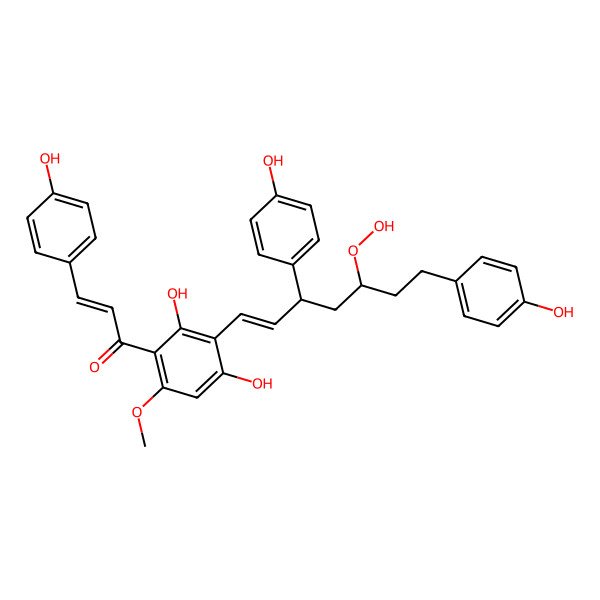 2D Structure of (E)-1-[3-[(E,3S,5S)-5-hydroperoxy-3,7-bis(4-hydroxyphenyl)hept-1-enyl]-2,4-dihydroxy-6-methoxyphenyl]-3-(4-hydroxyphenyl)prop-2-en-1-one